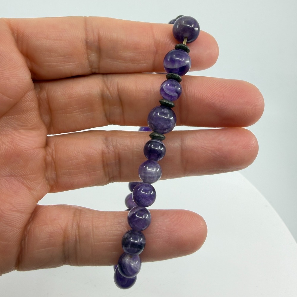 Y2K Amethyst Bead Stretch Bracelet with Dark Metal Accents Stackable Jewelry‎